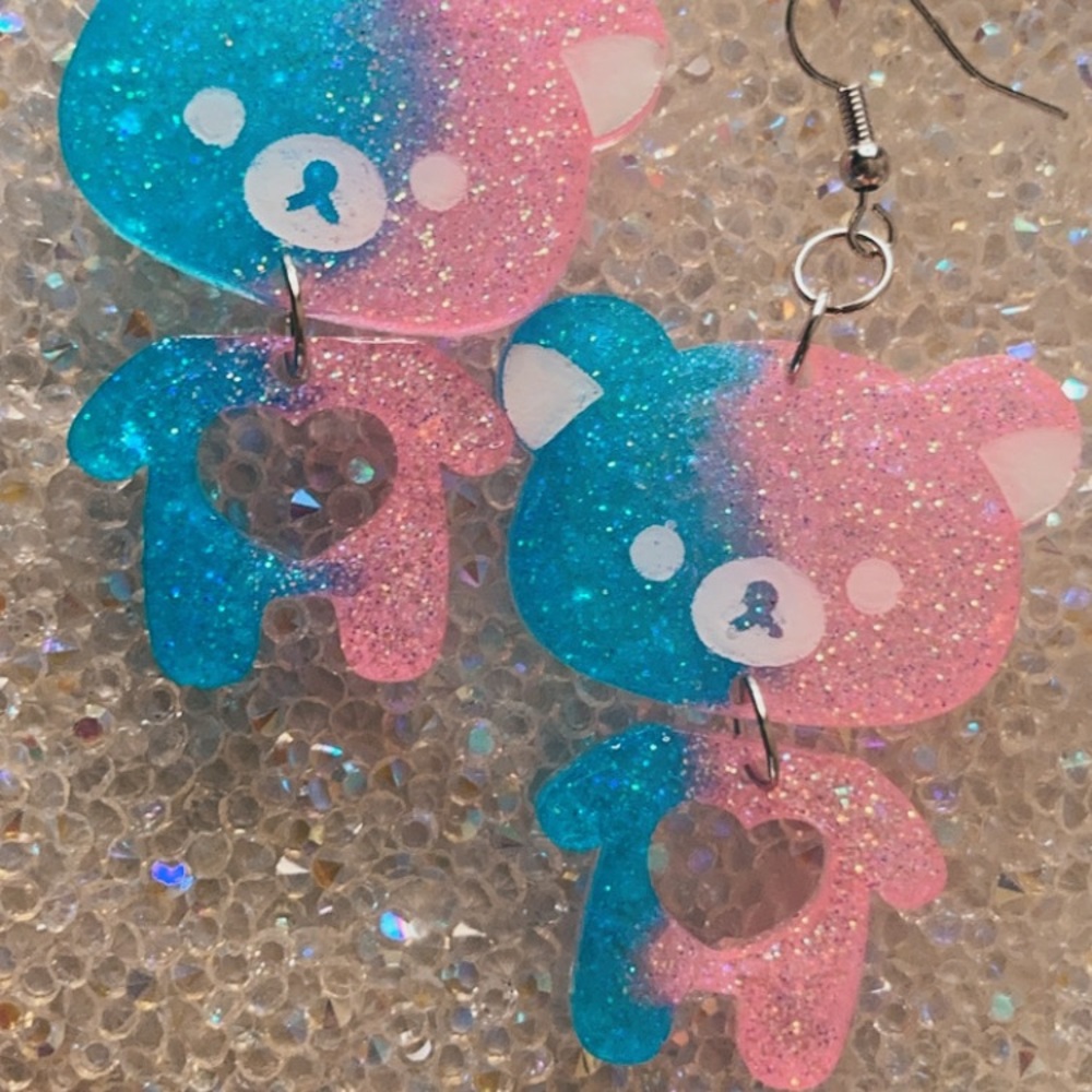 Kawaii Bear Dangle Earrings cotton candy pink&blue